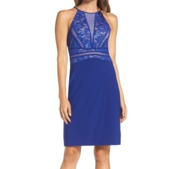 Morgan & Co. Blue Lace Sequin Cocktail Dress 11/12 - Picture 1 of 8